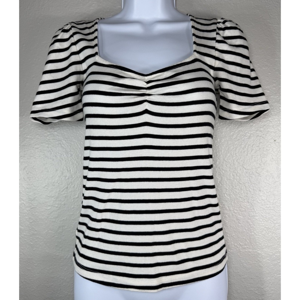LOFT black white striped ribbed top Women's Size S sweetheart neck Romantic